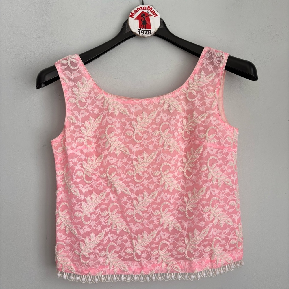 Vintage Harilela’s Pink Lace Overlay Sleeveless Top